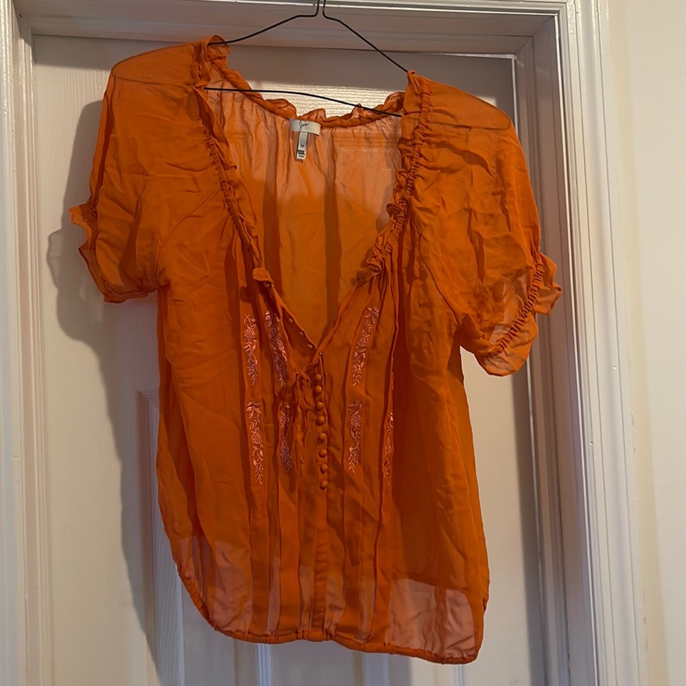 Orange lightweight top with embroidered detail from Joie. Size M